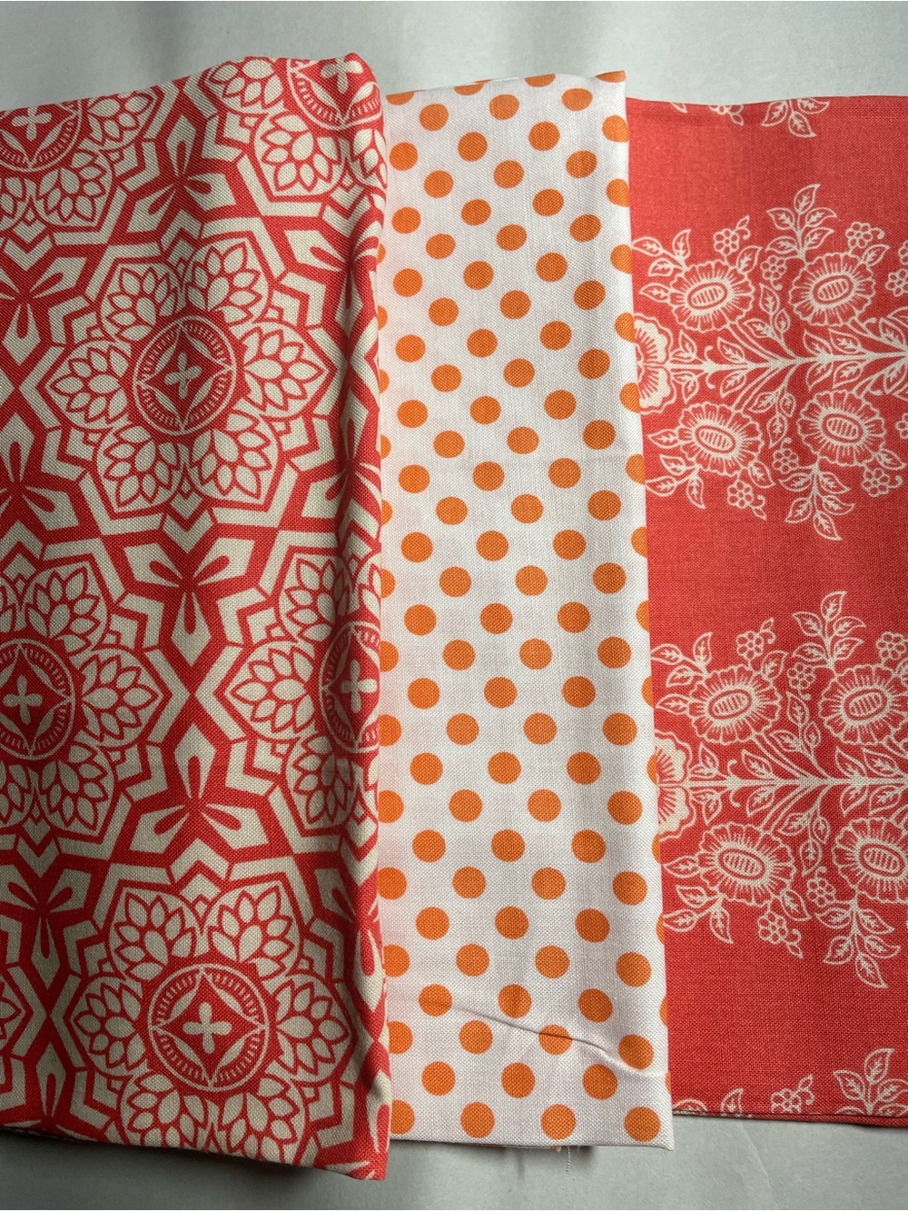 (3) 18x21" Fat Quarters Floral Polka Dot Print Coral Orange Cotton Fabric NOS